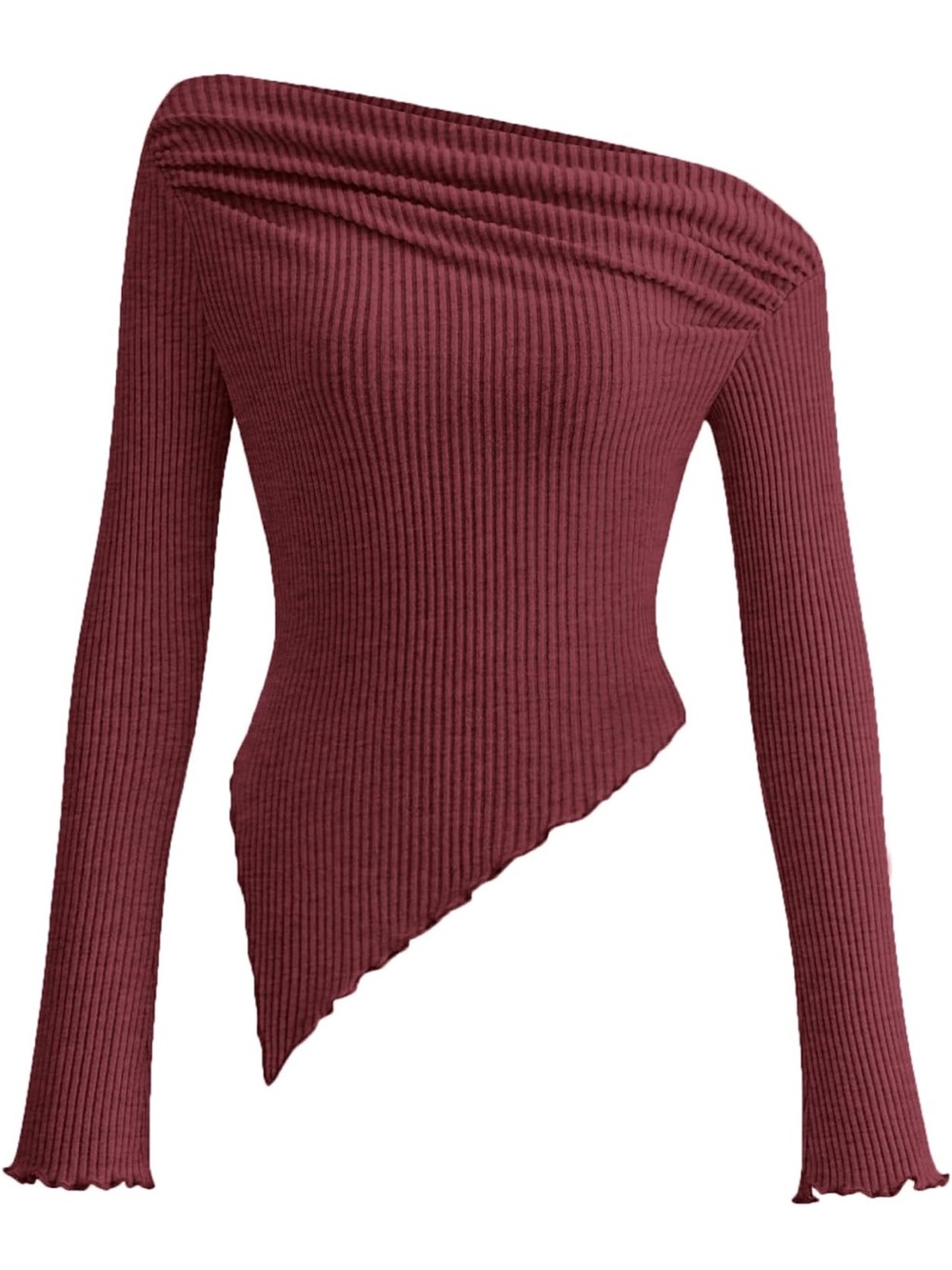 Asymmetric Off-Shoulder Ribbed Sweater - Wine